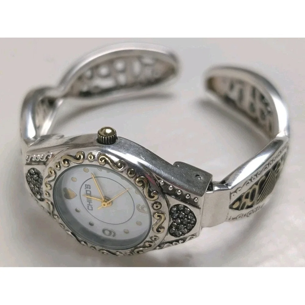 Chico's Heart Cuff‎ Watch Silver Gold Tone Rhinestone Bangle Quartz
